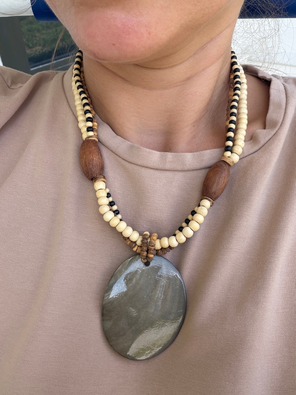 Boho Multi Strand Wood Bead Necklace Large Mother of Pearl Pendant Bohemian